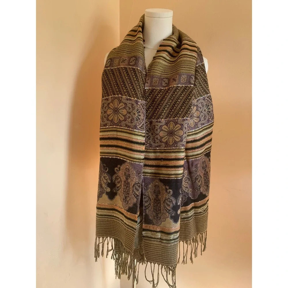 Boho Paisley Floral Sequin Fringe Scarf Shawl Wrap Brown Purple Gold